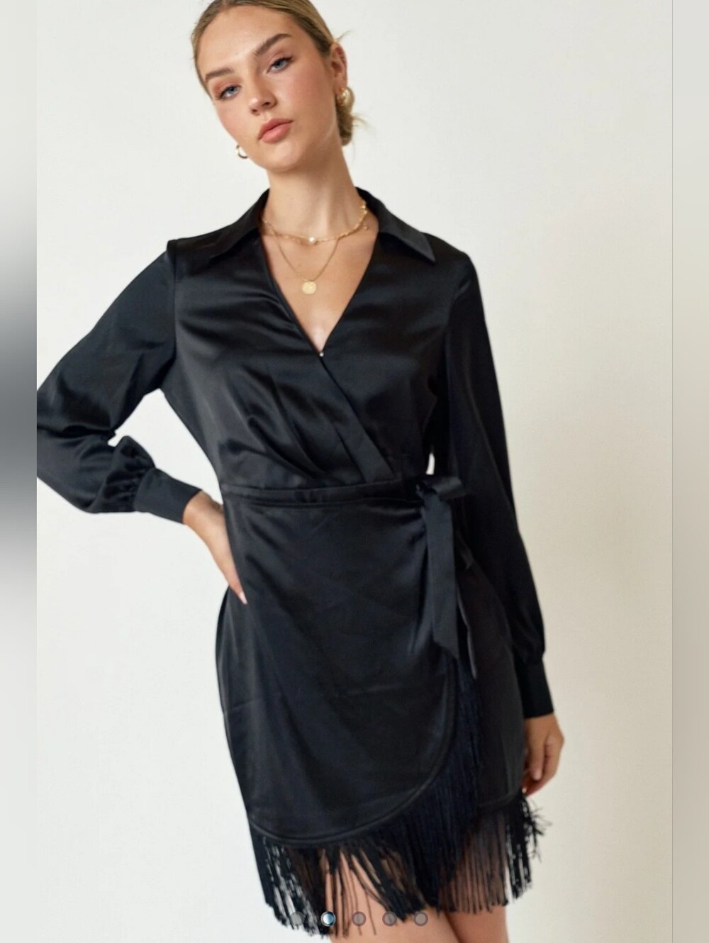 ARULA Black Satin Wrap Mini Dress with Fringe Hem Cocktail | Fringe | Glam